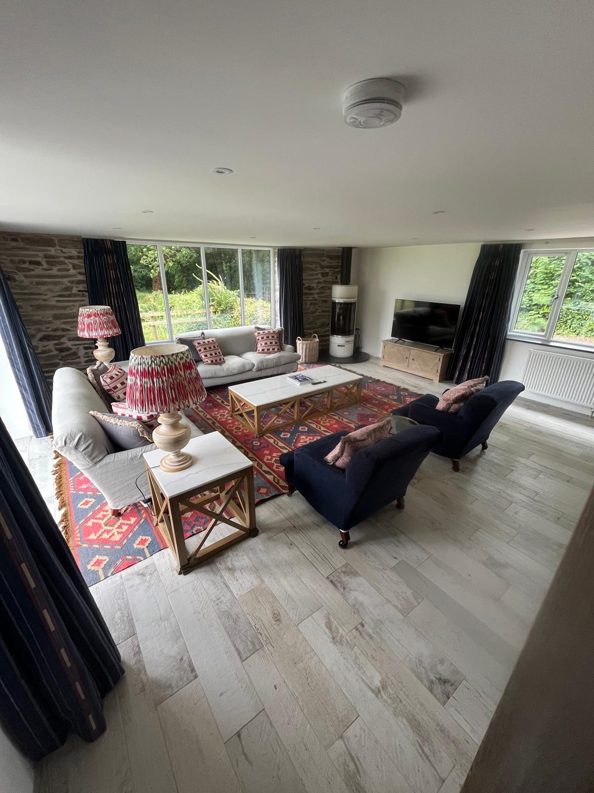 Open-plan living room styled for guests